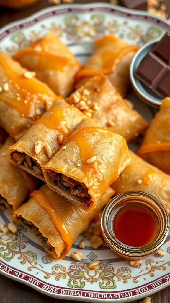 Golden-brown Dubai Chocolate baklava rolls drizzled with honey on a decorative plate.